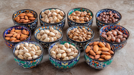 A beautiful arrangement of assorted nuts in decorative bowls, perfect for gatherings or as healthy snacks. Showcases vibrant colors and textures.の素材