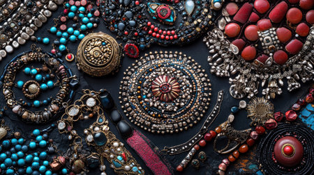 A vibrant collection of vintage jewelry featuring intricate details and a variety of designs. Ideal for showcasing unique fashion accessories and artisan craftsmanship.の素材