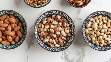 A collection of various nuts arranged in decorative bowls on a marble surface, ideal for showcasing healthy snacking options or culinary presentation.の素材