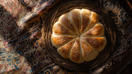 A beautifully arranged round loaf of freshly baked bread topped with sesame seeds, placed on a rustic woven plate, surrounded by warm sunlight.の素材