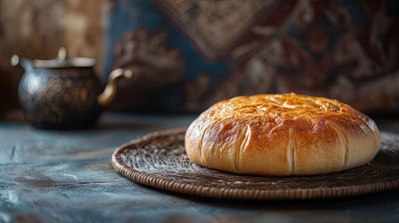 A beautifully baked round bread with a golden crust, placed on a rustic table. Ideal for food styling, culinary art, and traditional baking themes.の素材