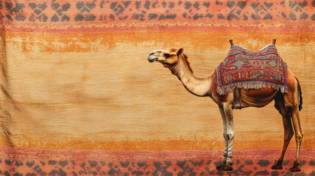 A majestic camel stands gracefully against a vibrant desert backdrop, showcasing the beauty of wildlife and the rich patterns of traditional fabric.の素材