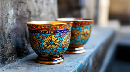Discover a pair of ornate decorative cups showcasing vibrant colors and intricate floral designs. Perfect for artistic displays and cultural events.の素材