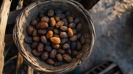 Aerial view of fresh dates arranged in a traditional basket, showcasing the natural texture and rich brown tones, perfect for highlighting organic food.の素材