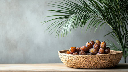 A beautifully arranged bowl of fruits on a rustic wooden table, complemented by a lush palm plant in the background, creating a serene and inviting atmosphere.の素材