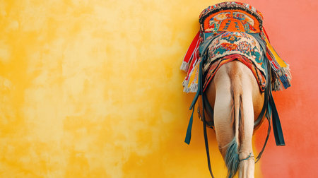 A colorful horse saddle rests against a bright wall, showcasing intricate designs and textures, perfect for equestrian-themed projects and art inspiration.の素材