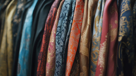 A stunning display of elegantly designed fabrics showcasing a variety of vibrant colors and intricate patterns, perfect for fashion and textile inspiration.の素材