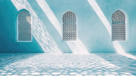 A serene interior showcasing blue walls with intricate window designs. Soft light creates captivating patterns, emphasizing tranquility and simplicity.の素材