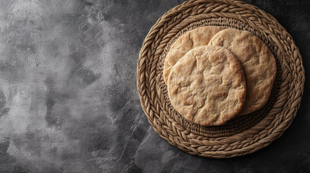 Freshly baked round bread arranged elegantly on a rustic plate, showcasing a textured surface and warm golden color ideal for culinary displays and food-related themes.の素材