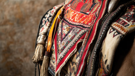 Explore the intricate details of an ornate saddle, showcasing vibrant textiles and traditional craftsmanship, perfect for equestrian-themed projects.の素材