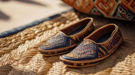 A pair of vibrant handcrafted shoes rests on a woven mat, showcasing intricate designs. Perfect for those who appreciate unique cultural footwear.の素材