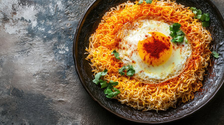 A vibrant plate of spicy noodles topped with a sunny-side-up egg, garnished with herbs. Perfect for food lovers and culinary presentations.の素材