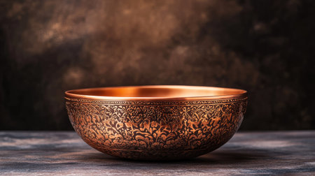 This image features a beautifully ornate decorative copper bowl, showcasing intricate patterns against a dark, moody background, perfect for artistic displays.の素材