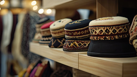 Explore a vibrant collection of traditional caps displayed on a wooden shelf, showcasing intricate patterns and textiles that reflect cultural heritage.の素材