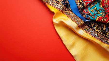 Explore this stunning silk fabric featuring vibrant colors and intricate patterns, set against a bold backdrop. Perfect for fashion and design inspiration.の素材