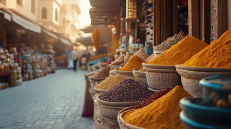 Explore a vibrant marketplace filled with colorful spices in baskets, showcasing the rich culinary culture and aromas of the region. Perfect for food lovers!の素材