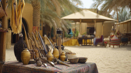 Discover a vibrant traditional market scene in a desert oasis, featuring handcrafted artifacts and cultural treasures set against a warm, inviting backdrop.の素材