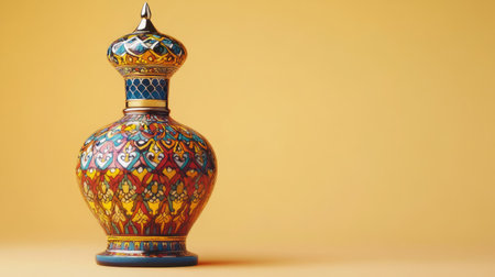 A vibrant ornamental bottle stands elegantly against a yellow backdrop, showcasing intricate craftsmanship and lively colors, perfect for decorative use.の素材