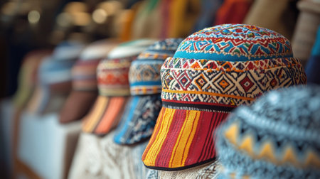 A vibrant collection of colorful hats displayed at a market. Each hat showcases unique patterns and designs, perfect for summer fashion or cultural expression.の素材