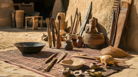 A vibrant display of traditional crafts and tools in a desert landscape, showcasing the unique artistry and heritage of the region's culture and history.の素材