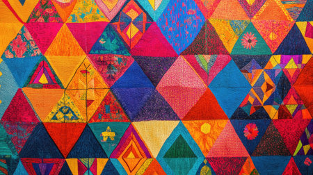 This image showcases a stunning array of vibrant geometric patterns found in a colorful quilt, highlighting intricate details, textures, and artistic expression.の素材