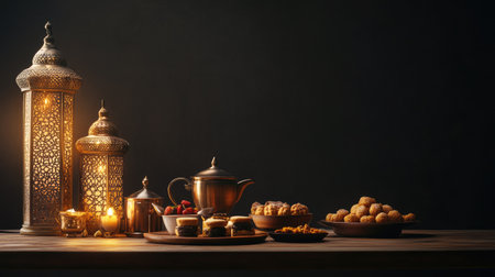 A beautifully arranged table featuring traditional Middle Eastern desserts and tea, illuminated by ornate copper lanterns, creating a warm and inviting atmosphere.の素材