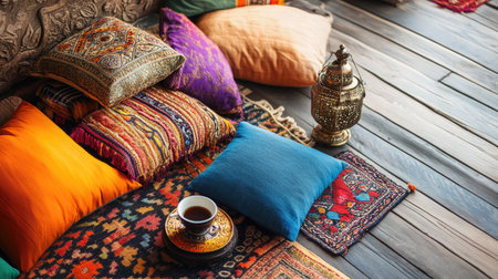 A vibrant arrangement of colorful pillows and textiles on a wooden floor, complemented by a tea setting, creating a cozy and inviting atmosphere.の素材