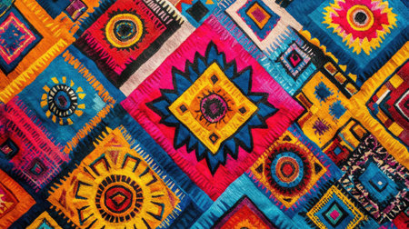 Explore a vibrant fabric showcasing intricate patterns and rich colors, perfect for backgrounds or creative projects, embodying artistic craftsmanship.の素材