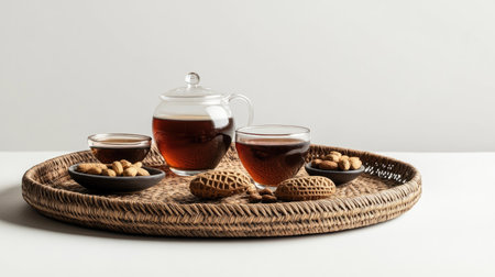 A cozy arrangement featuring warm tea in glass cups, complemented by cookies and almonds on a rustic tray. Perfect for casual gatherings and moments of relaxation.の素材