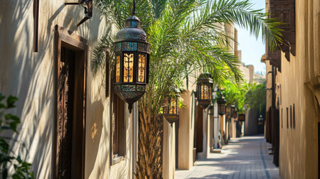 Discover a serene alleyway adorned with decorative lanterns and lush palm foliage, inviting relaxation and exploration in a tranquil outdoor setting.の素材