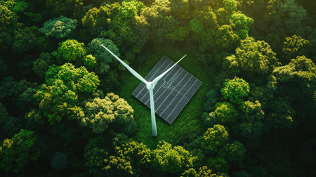 Aerial view of a wind turbine and solar panels surrounded by a lush forest, showcasing the harmony between technology and nature in renewable energy solutions.の素材