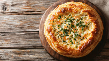 A freshly baked cheese pie rests on a rustic wooden table, garnished with herbs. This delicious, golden pastry is a perfect addition to any meal or snack.の素材