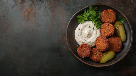 A mouthwatering serving of crispy falafel served with a creamy dip and pickles on a rustic plate, perfect for appetizers or snacks at gatherings.の素材