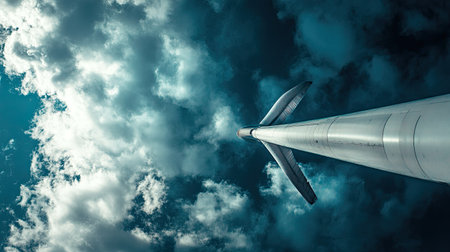 This striking image captures a wind turbine towering against a dramatic cloudy sky, emphasizing the importance of renewable energy for a sustainable future.の素材