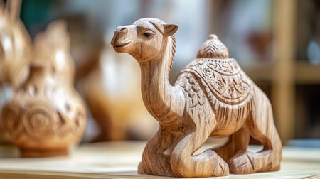 Beautiful wooden camel figurine showcases intricate carvings, perfect for home decor or as a unique gift. A blend of art and craftsmanship.の素材