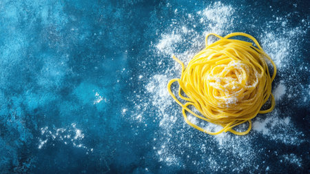 A vibrant nest of fresh pasta sits on a blue surface, accented by a sprinkle of flour. Perfect for culinary projects, this image captures the essence of Italian cooking.の素材