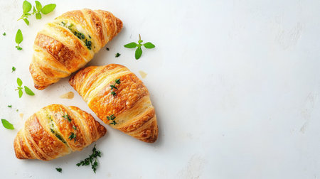 Three golden croissants with fresh herbs arranged elegantly on a white background, perfect for showcasing delicious breakfast or brunch options.の素材