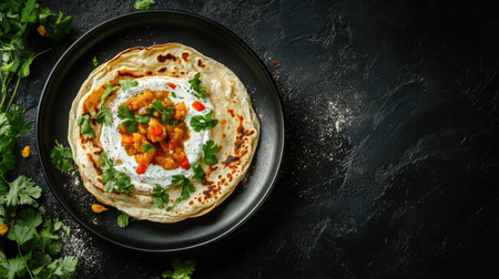 Enjoy a vibrant flatbread topped with fresh vegetables and herbs. Perfect for any meal, this dish embodies a delightful blend of flavors and colors.の素材