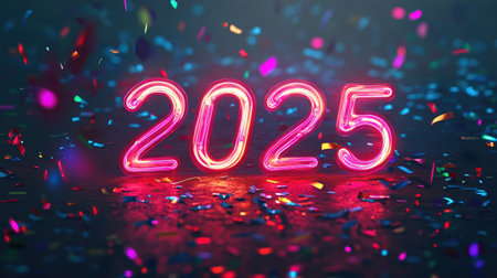 Bright neon sign displaying the year 2025 surrounded by colorful confetti, perfect for celebrating milestones or upcoming events in an energetic atmosphere.の素材