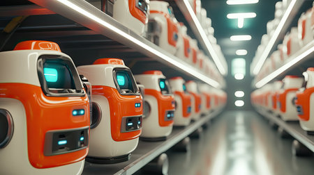 Explore a vibrant scene featuring advanced robots lined up in a modern industrial space, emphasizing technology, design, and innovation in automation.の素材
