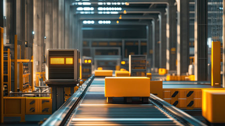 Explore a vibrant, futuristic warehouse featuring automated conveyors and bright yellow storage units, highlighting advanced logistics and design efficiency.の素材