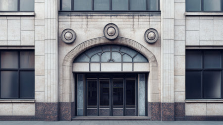 A stunning architectural entrance showcasing intricate details and symmetry. The facade blends modern elegance with classic design elements, featuring stone textures and glass doors.の素材