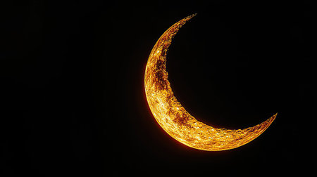 A stunning depiction of a golden crescent moon set against a striking black background, showcasing the beauty and mystery of the night sky.の素材