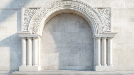 This image features an elegant architectural arch with ornate detailing, set against a smooth stone wall, perfect for backgrounds or design projects.の素材