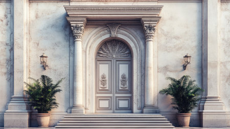 Beautifully designed entrance featuring an ornate archway, elegant door, and lush plants on either side, creating a classic and inviting atmosphere.の素材