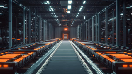 A modern industrial warehouse showcasing advanced technology and automation. Features illuminated conveyor systems and a futuristic layout, emphasizing innovation in logistics.の素材