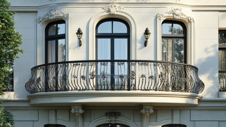 A stunning view of an elegant balcony featuring decorative ironwork and classic architecture, highlighting exquisite details and urban charm.の素材