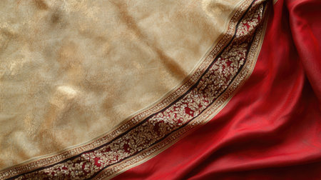 A close-up of an elegant fabric showcasing a golden texture with a rich red background, perfect for fashion, textiles, and decorative projects.の素材