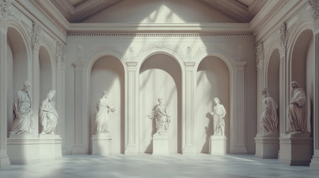 A serene interior of a classical art gallery showcasing elegant sculptures, illuminated by soft light, creating a tranquil atmosphere for appreciation.の素材