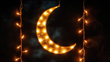 A beautiful crescent moon decoration illuminated with warm lights, creating a cozy ambiance. Perfect for evening gatherings or festive occasions.の素材